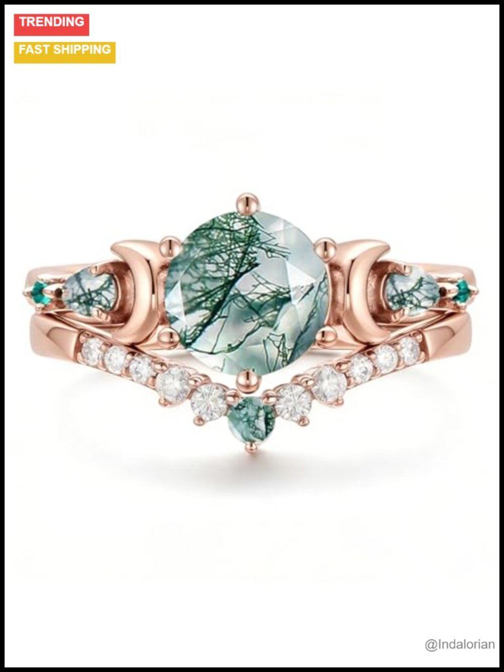 Natural Moss Agate Engagement Ring 925 Sterling Silver Bridal Ring Set Kite Cut